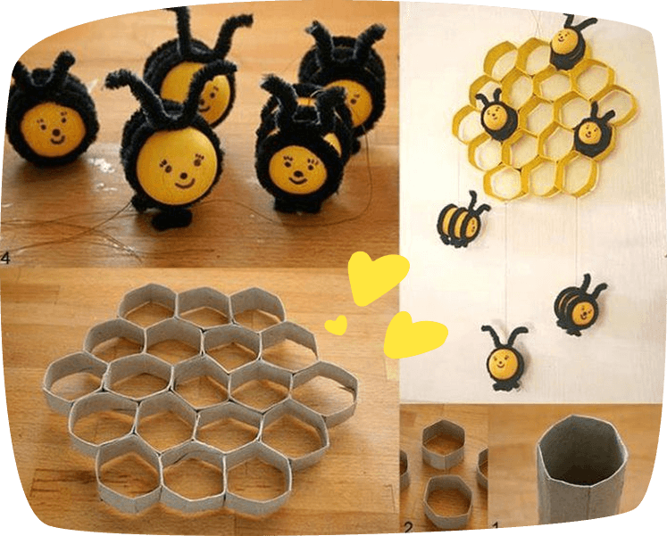 Bienenstock mit Pappbienen
